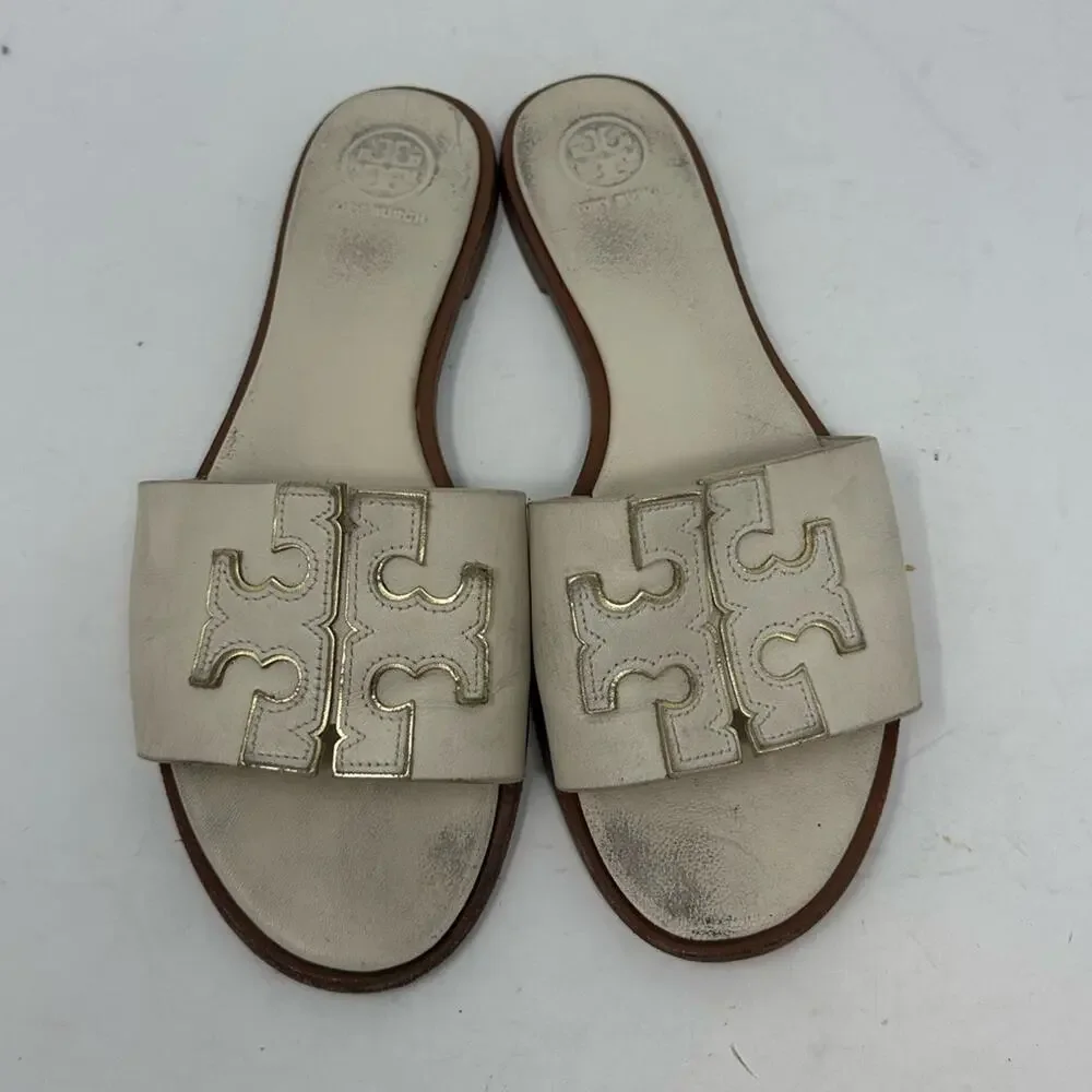 Tory Burch Ines Creme White Leather Slide Sandals Size 7.5 Logo